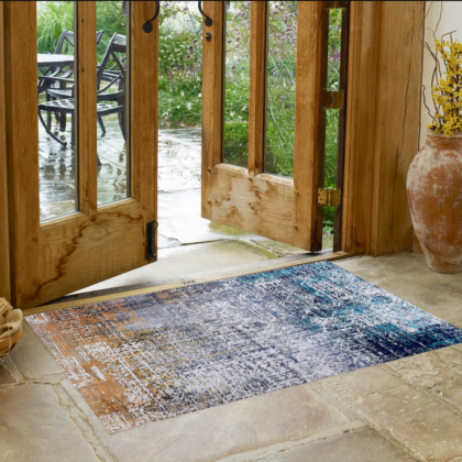 2' x 3' Blue and Silver Abstract Shag Printed Washable Non Skid Area Rug