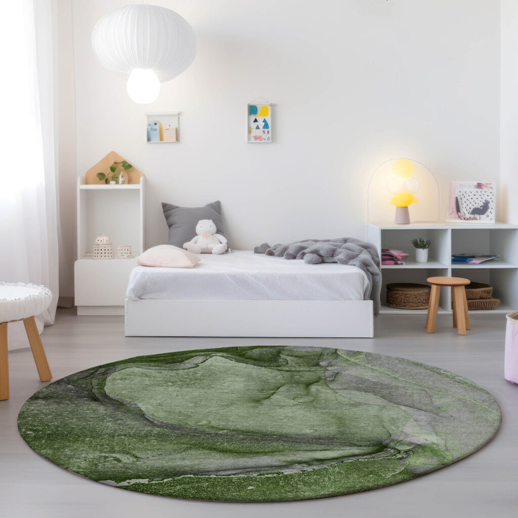 8' Round Olive Green Round Abstract Washable Non Skid Indoor Outdoor Area Rug