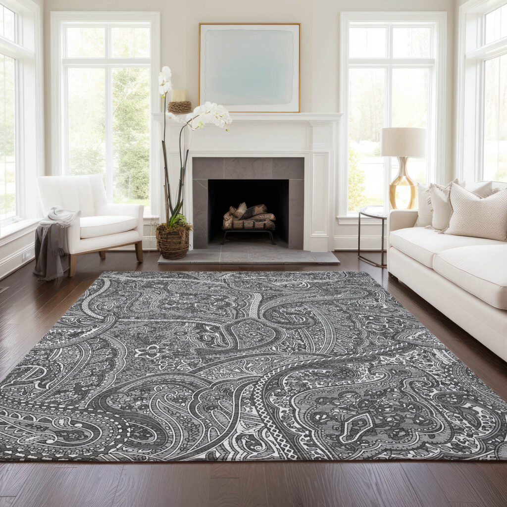 9' X 12' Gray Silver And Charcoal Paisley Washable Indoor Outdoor Area Rug