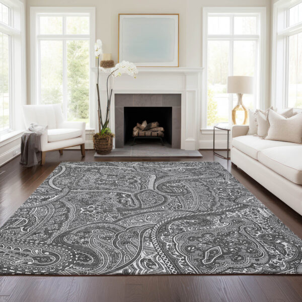9' X 12' Gray Silver And Charcoal Paisley Washable Indoor Outdoor Area Rug