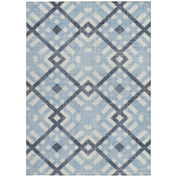 8' X 10' Sky Blue Navy Blue And Ivory Geometric Washable Indoor Outdoor Area Rug
