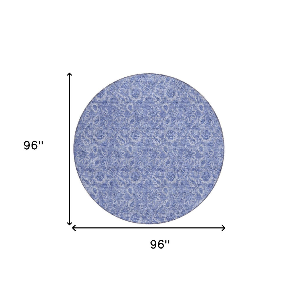 8' Denim Blue And Navy Blue Round Floral Washable Indoor Outdoor Area Rug