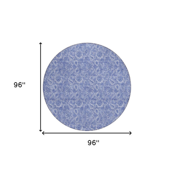 8' Denim Blue And Navy Blue Round Floral Washable Indoor Outdoor Area Rug