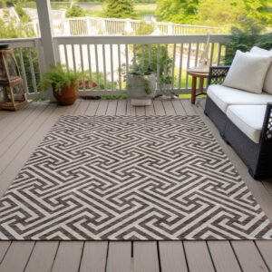 9' X 12' Brown And Beige Geometric Washable Indoor Outdoor Area Rug