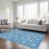 9' X 12' Denim Blue And Ivory Floral Medallion Washable Indoor Outdoor Area Rug