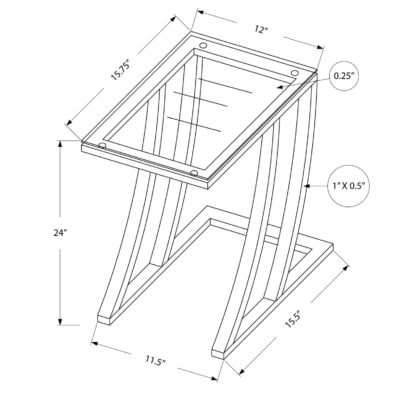 15.75" X 12" X 24" Silver Clear Metal Tempered Glass Accent Table