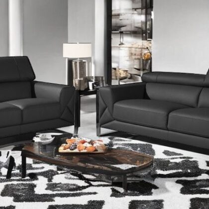 Two Piece Indoor Dark Gray Italian Leather Five Person Seating Set