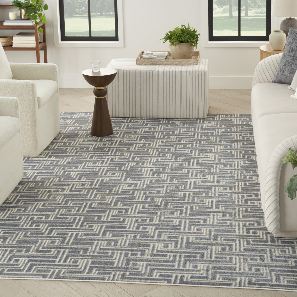 8' x 10' Blue Geometric Distressed Area Rug