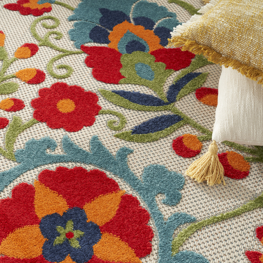 12' X 15' Ivory Blue and Orange Indoor Outdoor Area Rug