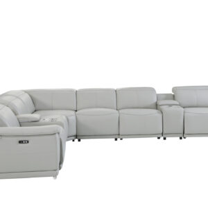 Light Gray Italian Leather Power Reclining U Shaped Eight Piece Corner Sectional With Console