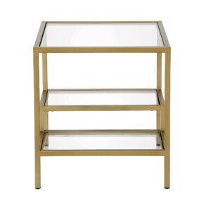 22" Brass And Clear Glass And Steel Square End Table With Two Shelves