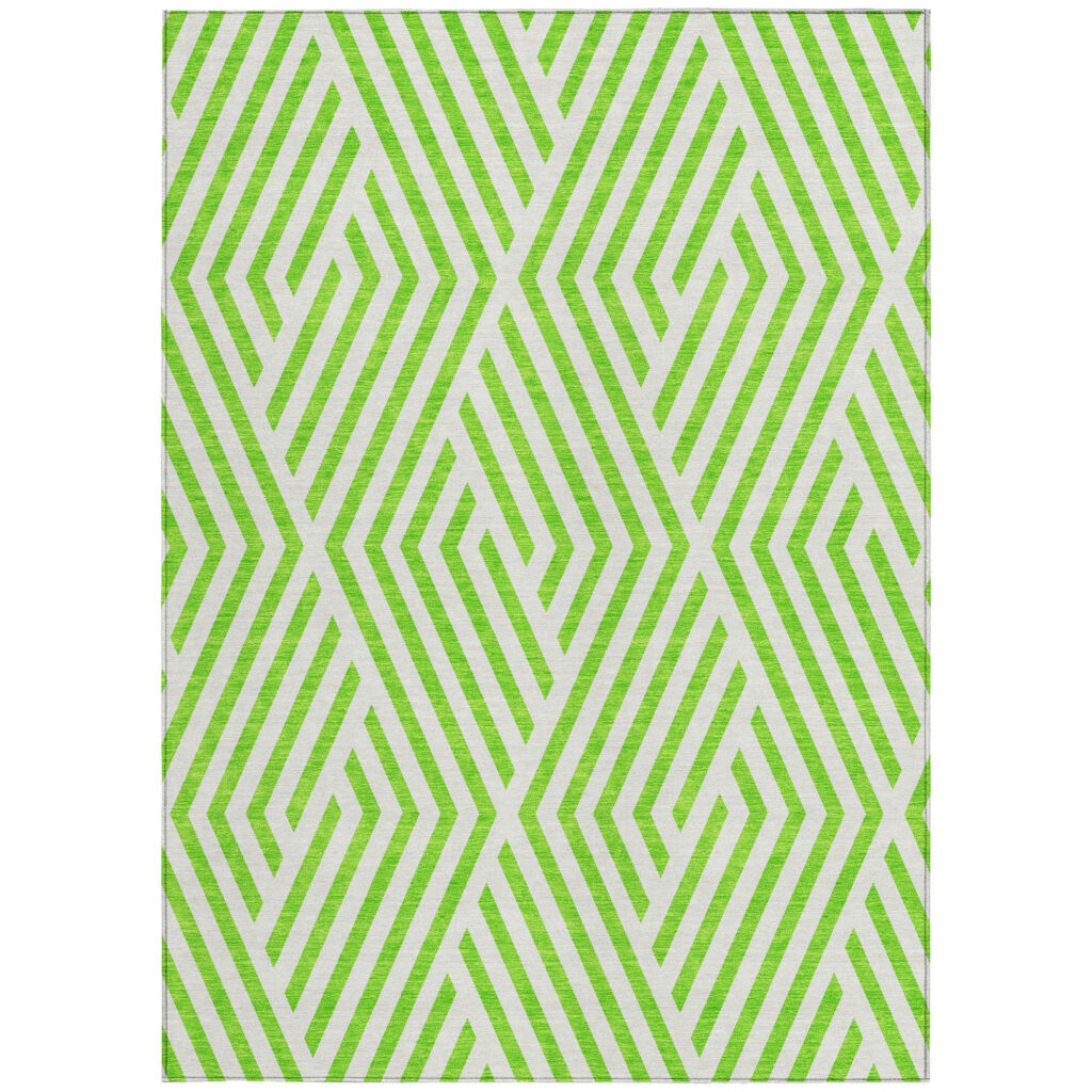 5' X 8' Lime Green and White Geometric Washable Non Skid Indoor Outdoor Area Rug