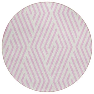 8' Round Pink and White Round Geometric Washable Non Skid Indoor Outdoor Area Rug