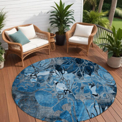 8' X 8' Blue and Gray Round Abstract Washable Indoor Outdoor Area Rug