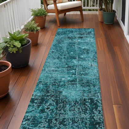 8' Runner Teal Abstract Washable Non Skid Indoor Outdoor Runner Rug