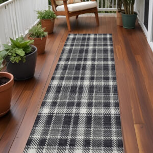 8' Runner Black Gray and White Plaid Washable Non Skid Indoor Outdoor Runner Rug
