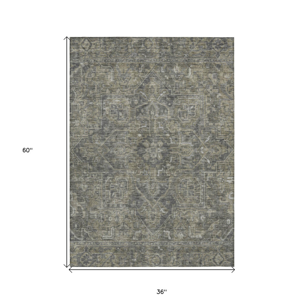 3' X 5' Brown and Black Oriental Washable Non Skid Indoor Outdoor Area Rug