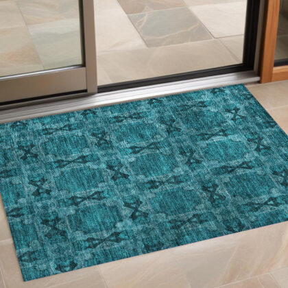 3' X 5' Teal Floral Medallion Washable Non Skid Indoor Outdoor Area Rug