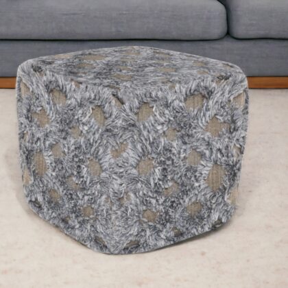 18" Natural and Gray Wool Cotton Blend Cube Geometric Pouf Ottoman