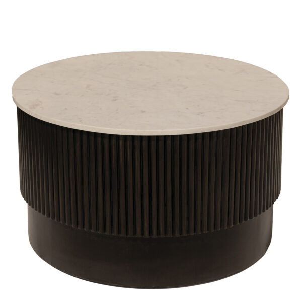 31" White And Dark Brown Genuine Marble And Solid Wood Round Drum Coffee Table