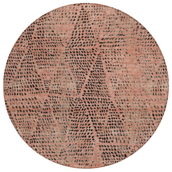 8' Salmon Charcoal And Beige Round Geometric Washable Indoor Outdoor Area Rug
