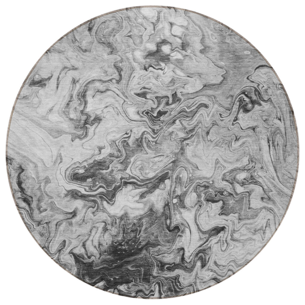 8' Gray Charcoal And Silver Round Abstract Washable Indoor Outdoor Area Rug