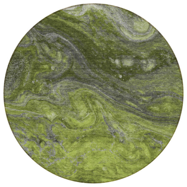 8' Olive Green And Lime Green Round Abstract Washable Indoor Outdoor Area Rug