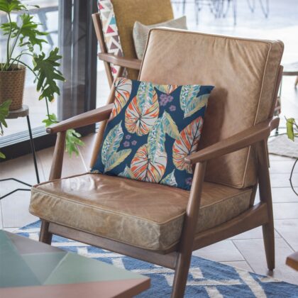 16” Orange Blue Tropical Leaf Zippered Suede Throw Pillow