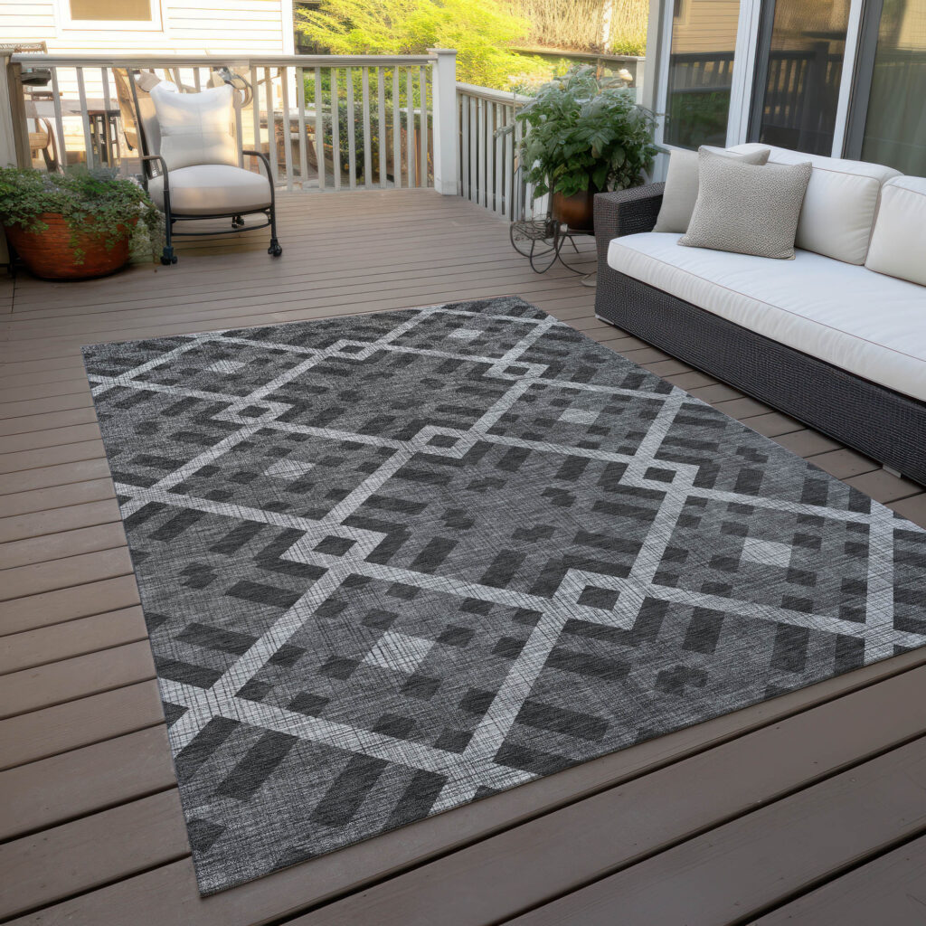 10' X 14' Charcoal Gray And Silver Geometric Washable Indoor Outdoor Area Rug