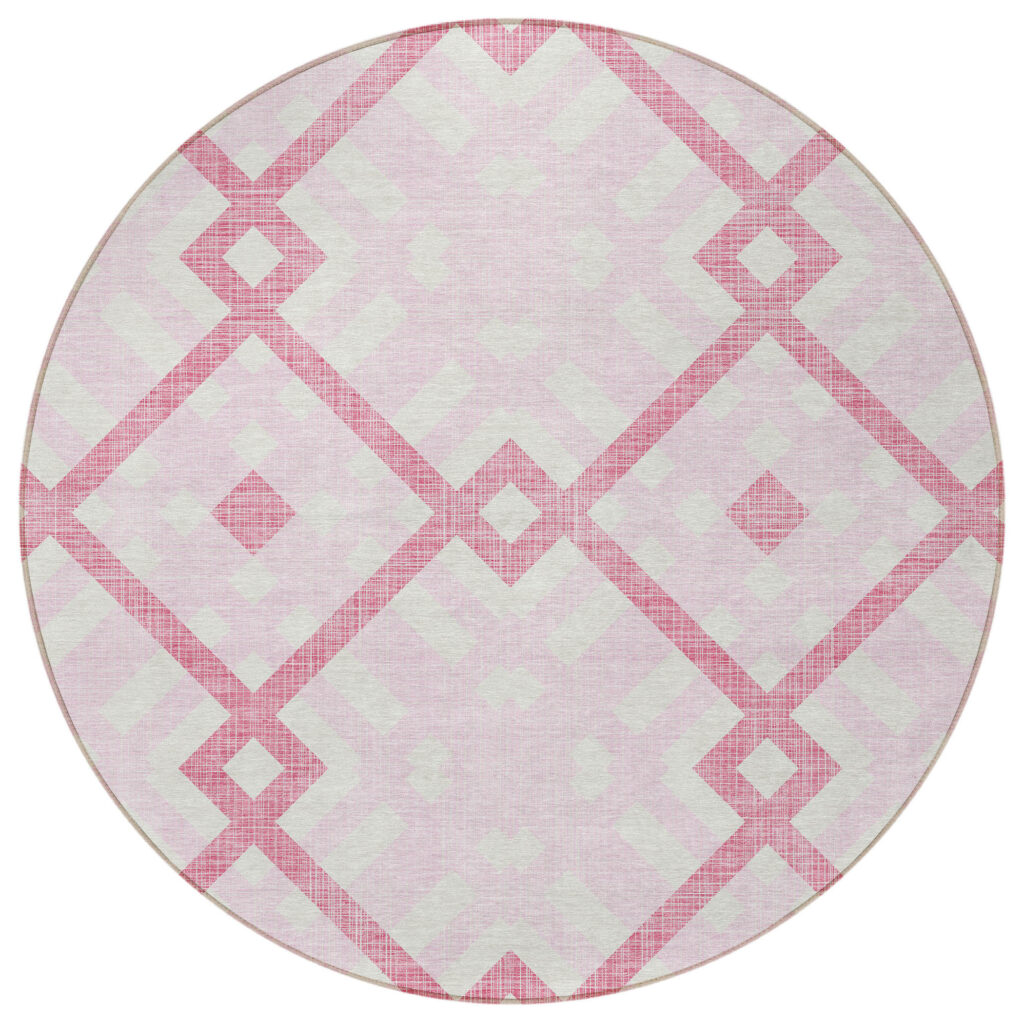 8' Pink Blush And Ivory Round Geometric Washable Indoor Outdoor Area Rug