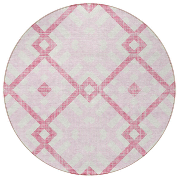 8' Pink Blush And Ivory Round Geometric Washable Indoor Outdoor Area Rug