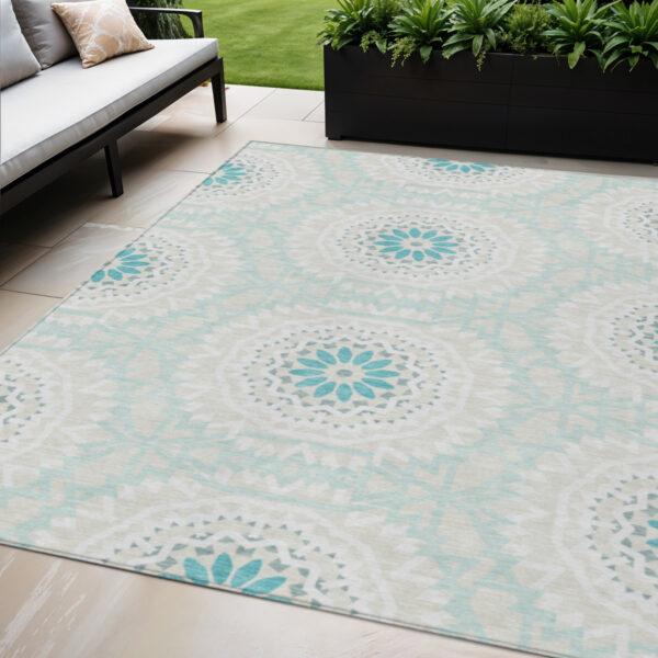 5' X 8' Teal Blue Beige And Ivory Floral Medallion Washable Indoor Outdoor Area Rug
