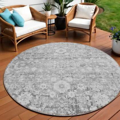 8' Silver Gray And Pewter Round Oriental Washable Indoor Outdoor Area Rug