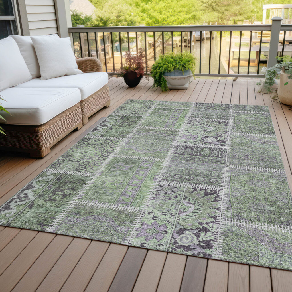 10' X 14' Green And Charcoal Patchwork Washable Indoor Outdoor Area Rug