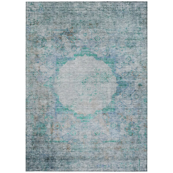 3' X 5' Teal Blue Aqua And Gray Oriental Washable Indoor Outdoor Area Rug