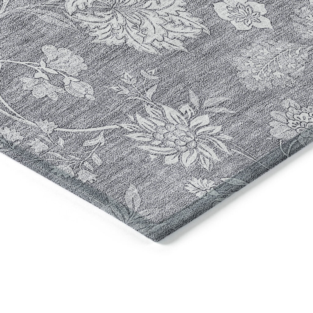 8' X 10' Gray Silver And Ivory Floral Washable Indoor Outdoor Area Rug