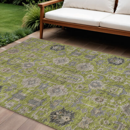 9' X 12' Olive Green Gray And Charcoal Oriental Washable Indoor Outdoor Area Rug