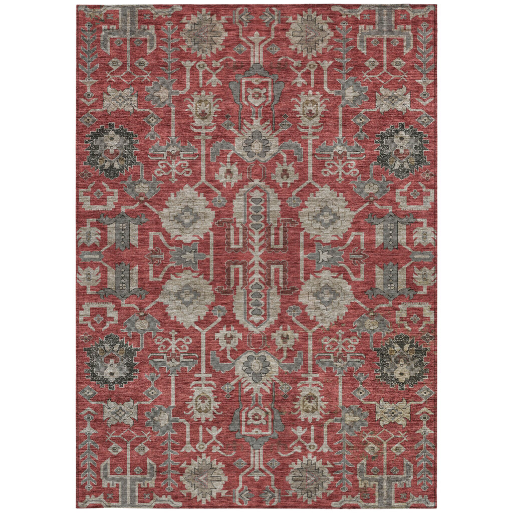 8' X 10' Red Beige And Charcoal Oriental Washable Indoor Outdoor Area Rug