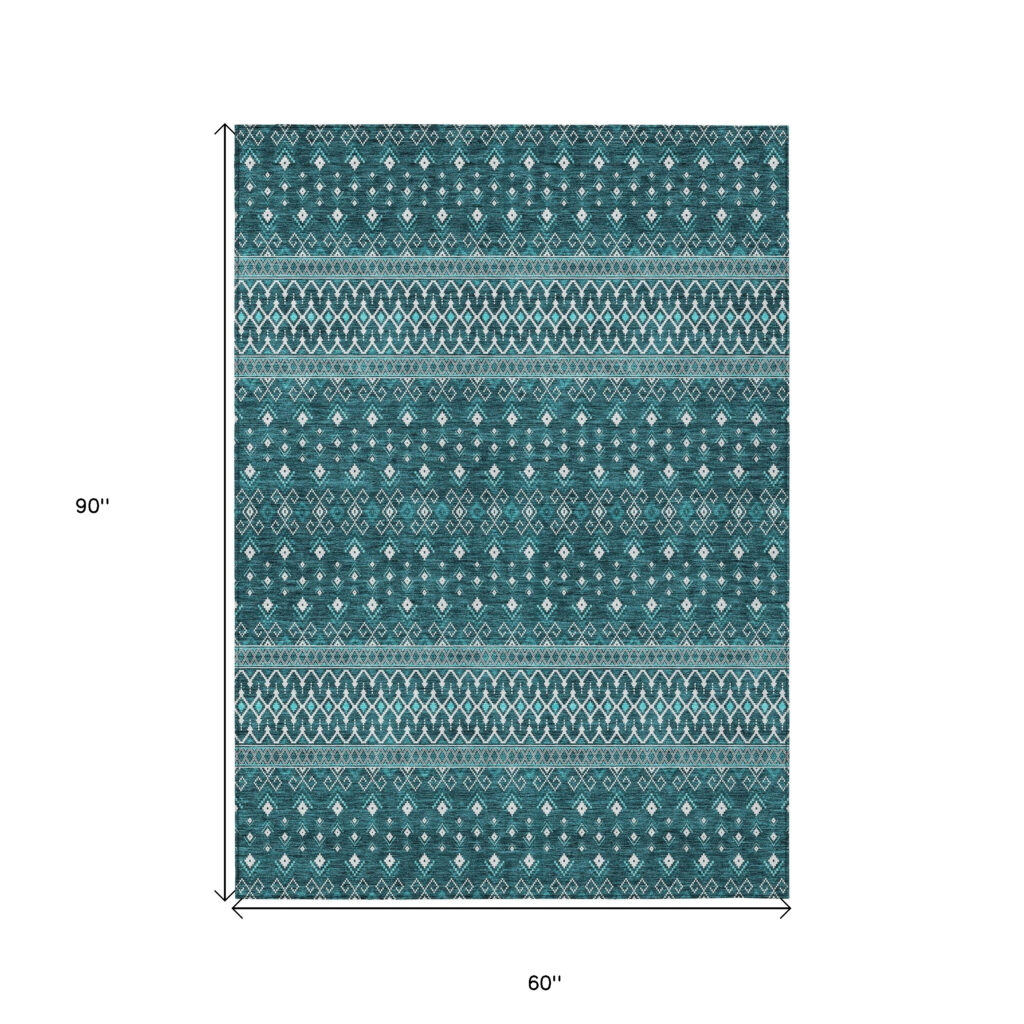 5' X 8' Teal Blue Aqua And Ivory Tribal Washable Indoor Outdoor Area Rug