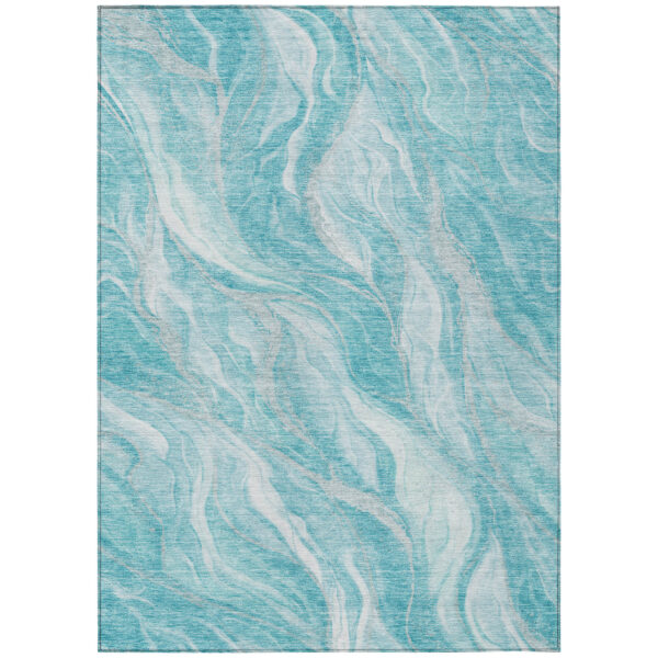 9' X 12' Teal Blue Aqua And Ivory Abstract Washable Indoor Outdoor Area Rug