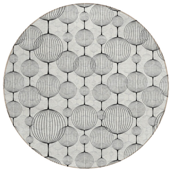 8' Graphite Gray And Silver Round Geometric Washable Indoor Outdoor Area Rug