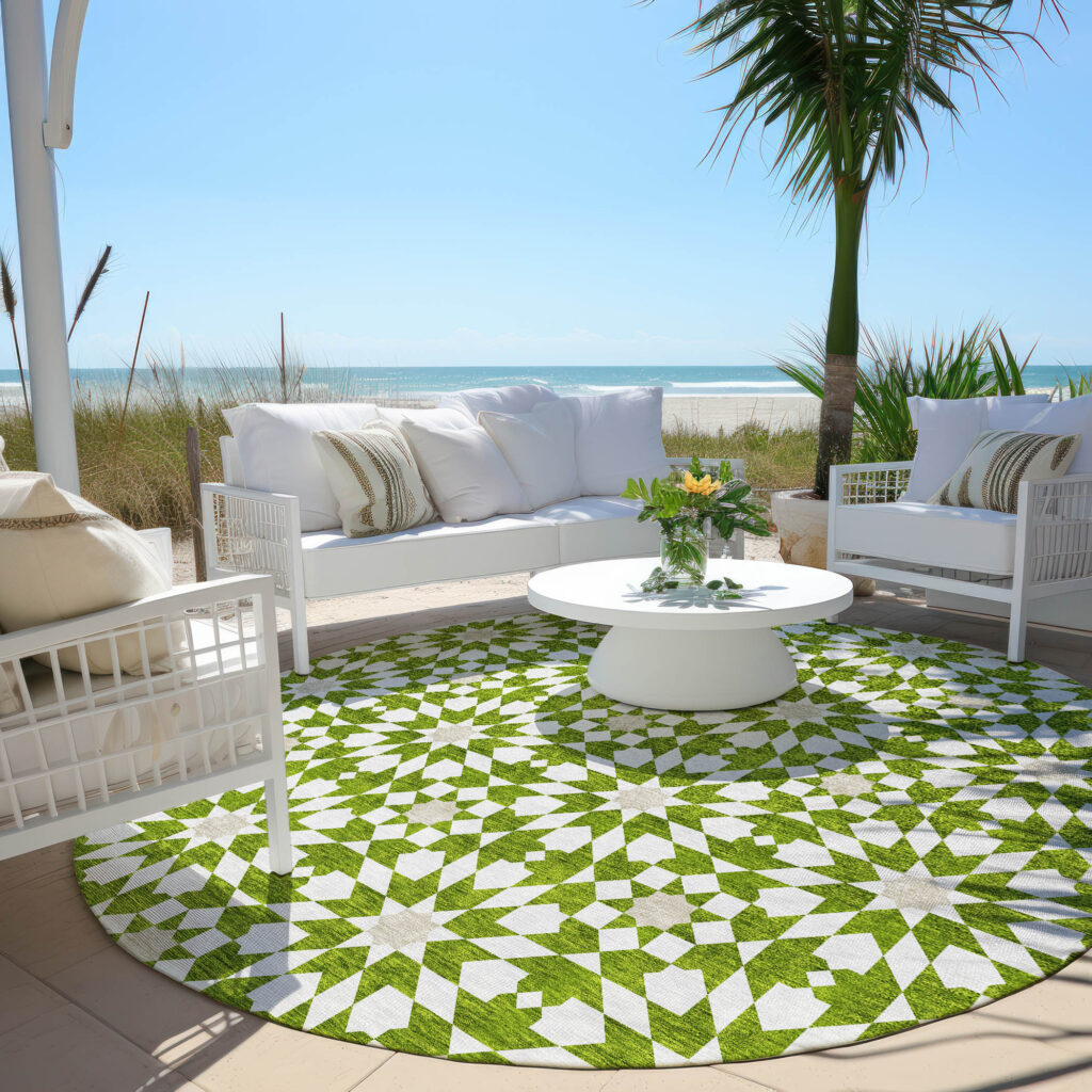 8' Lime Green Ivory And Beige Round Floral Medallion Washable Indoor Outdoor Area Rug