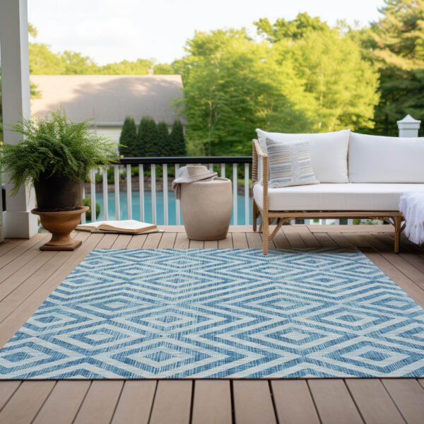 8' X 10' Teal Blue And Ivory Geometric Washable Indoor Outdoor Area Rug