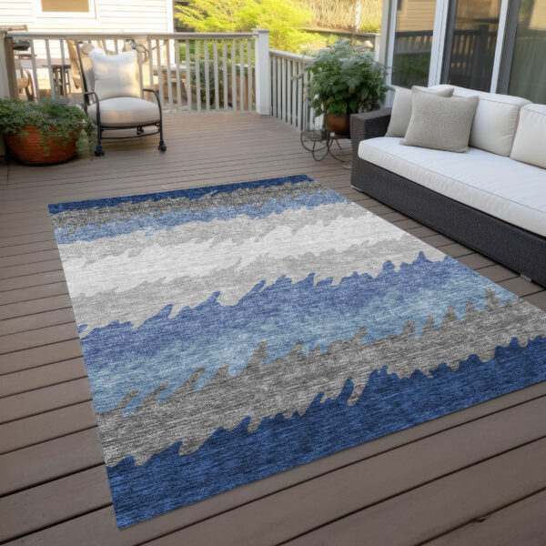 8' X 10' Navy Blue Gray And Silver Striped Washable Indoor Outdoor Area Rug