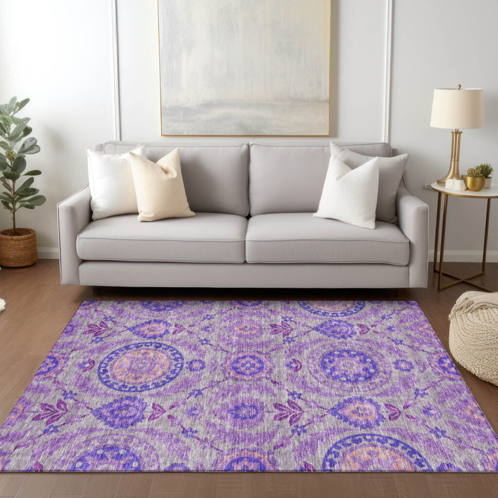 3' X 5' Lavender Lilac And Gray Floral Washable Indoor Outdoor Area Rug