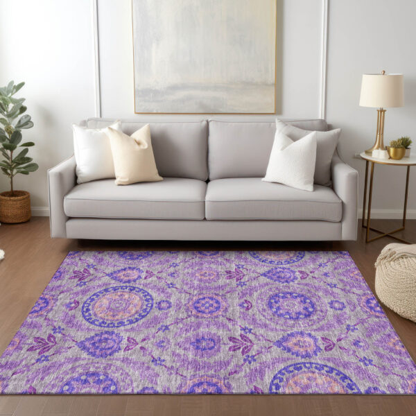 3' X 5' Lavender Lilac And Gray Floral Washable Indoor Outdoor Area Rug