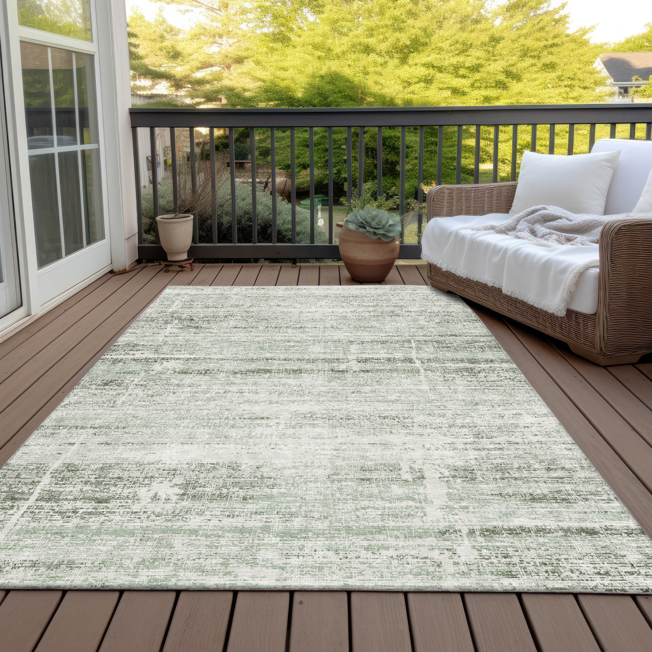 8' X 10' Sage Artichoke Green And Ivory Abstract Washable Indoor Outdoor Area Rug