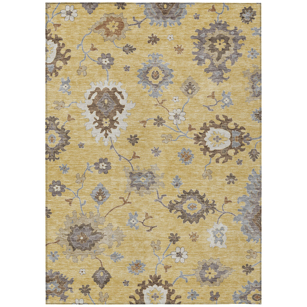 5' X 8' Gold Ivory And Brown Floral Washable Indoor Outdoor Area Rug