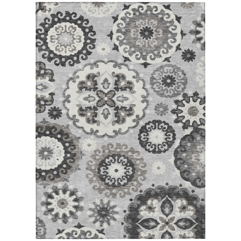 5' X 8' Silver Gray And Ivory Floral Medallion Washable Indoor Outdoor Area Rug