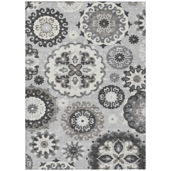 5' X 8' Silver Gray And Ivory Floral Medallion Washable Indoor Outdoor Area Rug